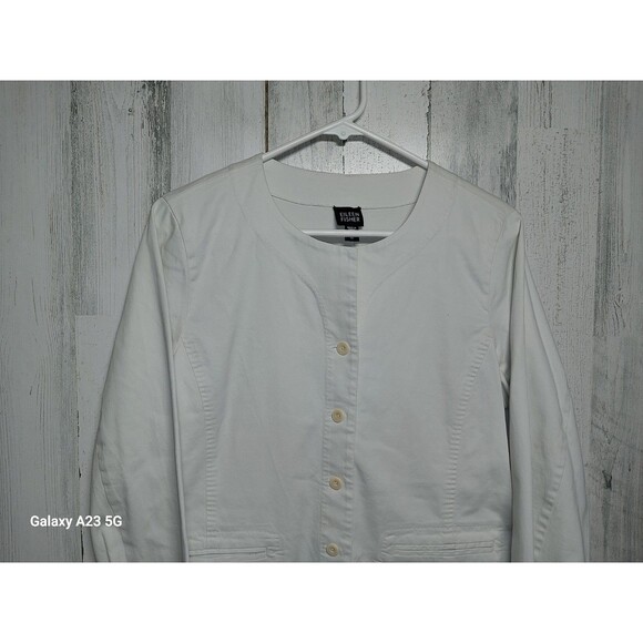 Eileen Fisher Bone Round Neck Jacket Size Medium Cotton Button - Picture 3 of 7
